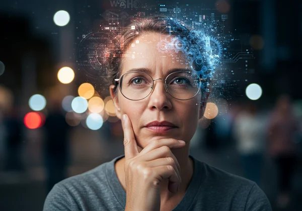 An adult reflecting on internal experiences and social cues
