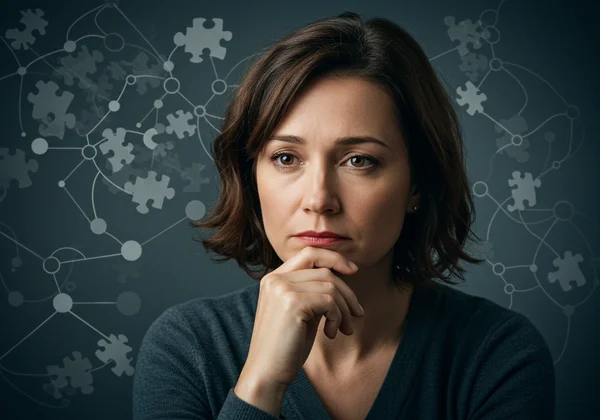 Woman looking thoughtfully, a puzzle piece motif subtly integrated.