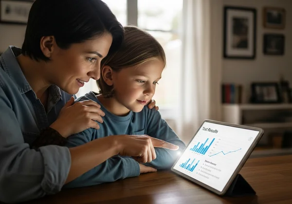Parent and child discussing online test results
