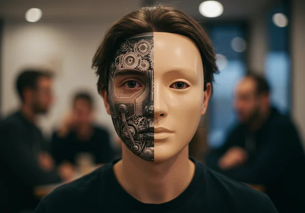 A person wearing a stylized mask, with a subtle internal struggle