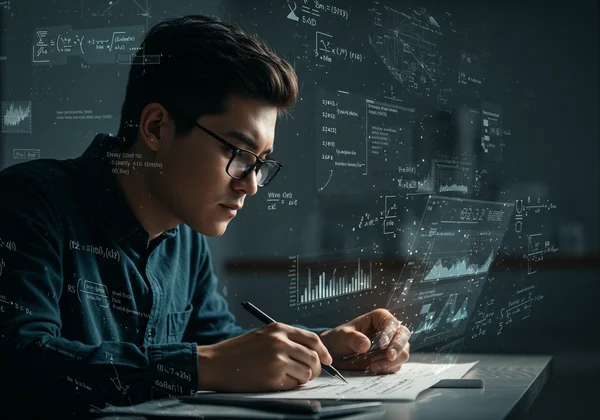 A person intensely focused, surrounded by symbols of logic and detail