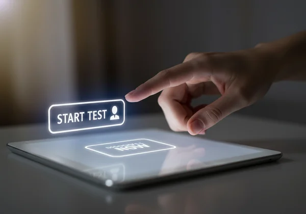 A hand reaching for a digital self-assessment button