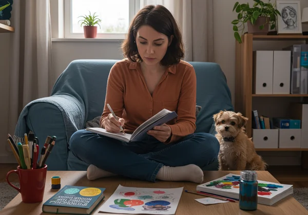 Woman surrounded by subtle symbols of unique traits.