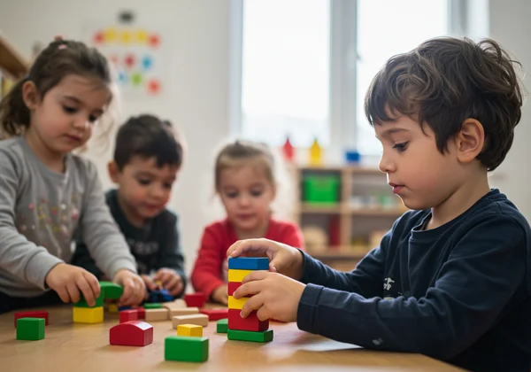 A child engaged in parallel play near other children