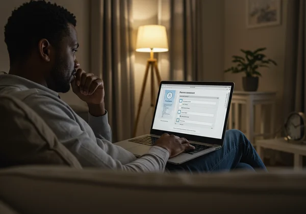 A parent using a laptop for an online assessment