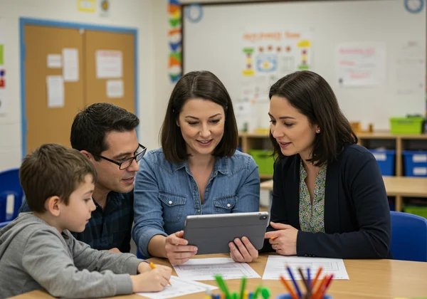 A child and parent interacting positively with a teacher