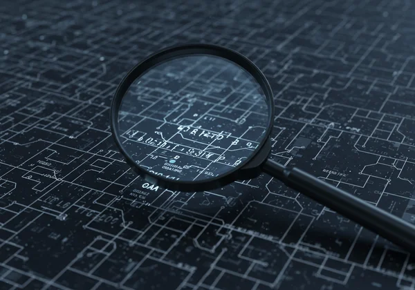 Magnifying glass highlighting small detail in complex data grid.